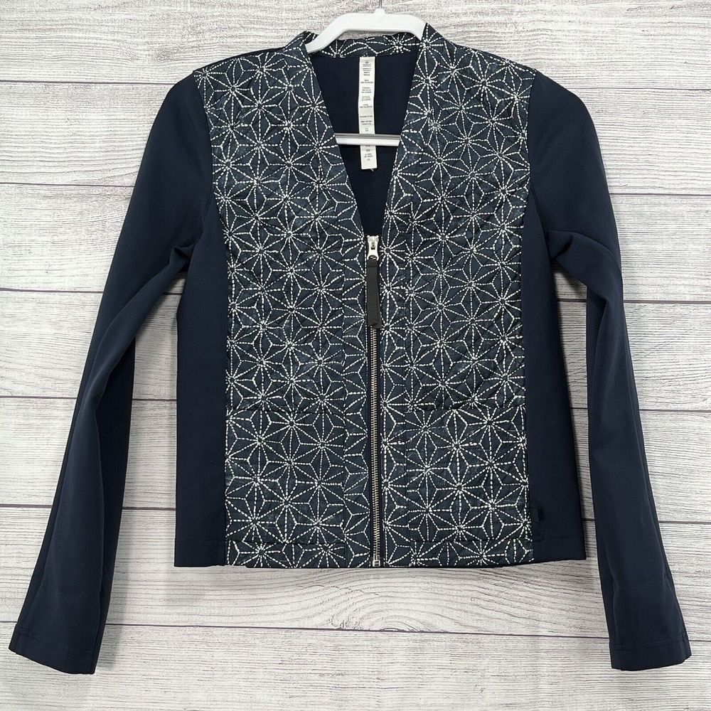 Lululemon Quilted Lightweight Jacket Coat Stars Prints Blue Sz 4‎ V-Neck Zip Up
